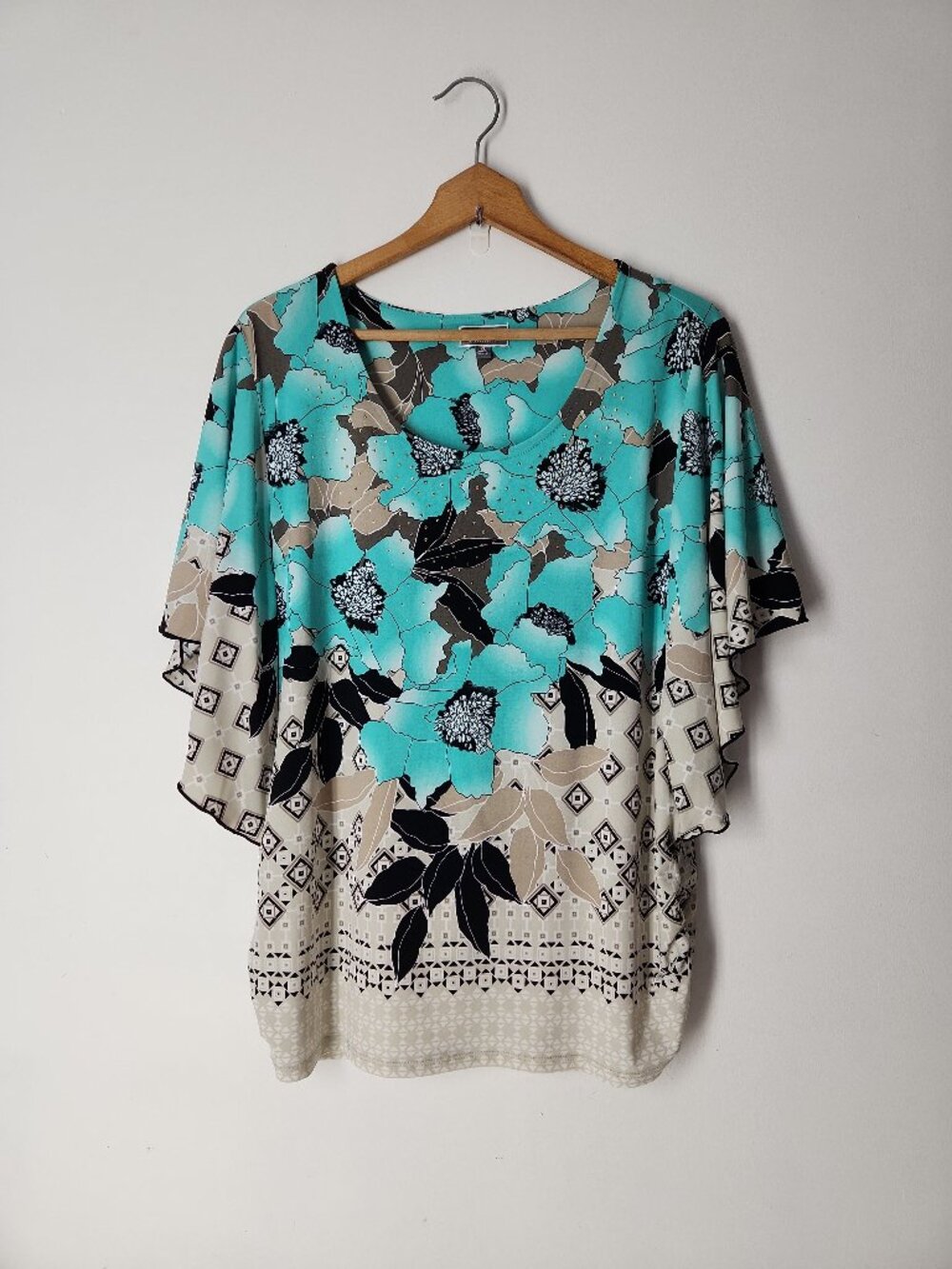 JM Collection turquoise brown floral embellished stretchy slinky blouse top XL